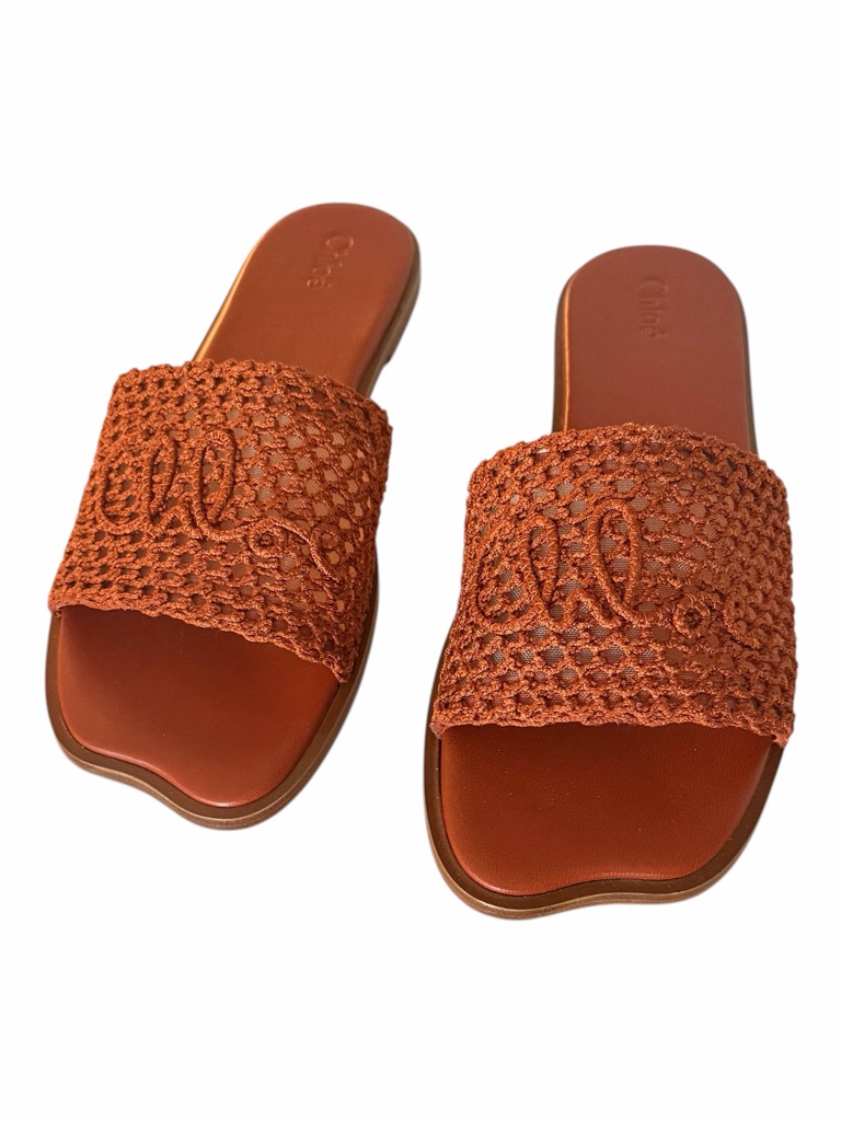Chlo Flower Leather Crochet Logo Slide Sandals 37.5 / Us 7.5 Rust Brown New
